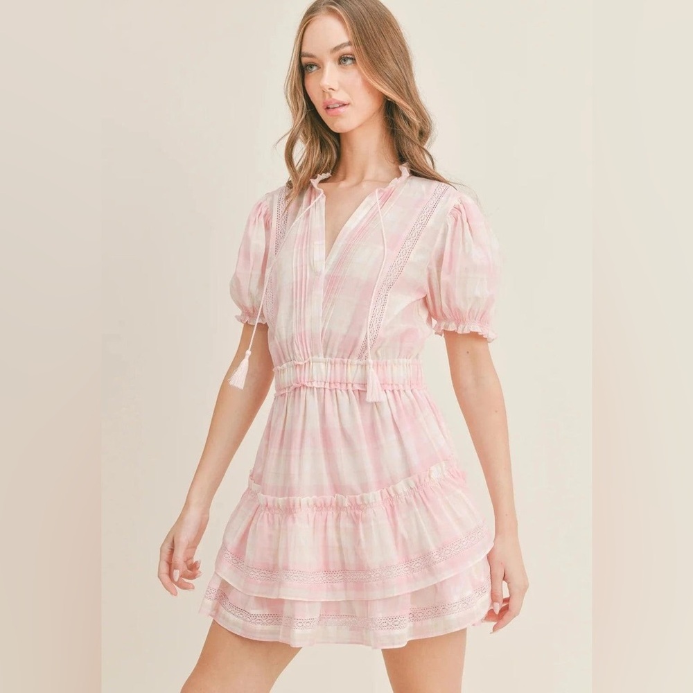 Mable Pink Plaid Ruffle Mini Dress Large Cotton Lace Trim Puff Sleeve Tassel Tie
